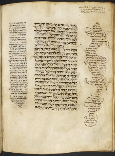 An example of marginalia can be found on the top-right hand side of this page from the Multi-Scribe Pentateuch, 14th century, France. On the outer side of the page is Rashi's commentary in the shape of a dragon.